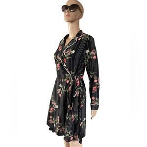 Liquorish Midi Dress Medium Casual Floral Stripes Faux Wrap White Piping Black
